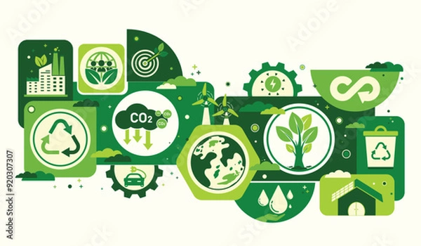 Fototapeta World environment and sustainable development concept with ecology icons template vector flat design, eco friendly and green technology. ESG for business and organization. Net zero and carbon neutral