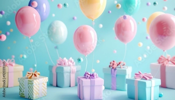 Fototapeta Colorful balloons and gift boxes create a festive atmosphere for a birthday celebration