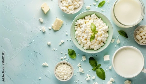 Fototapeta Fresh dairy products arranged on a blue background with herbs and various forms of cheese