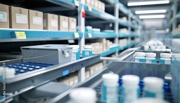 Obraz Pharmaceutical storage area with organized shelves and medication bottles in a modern facility