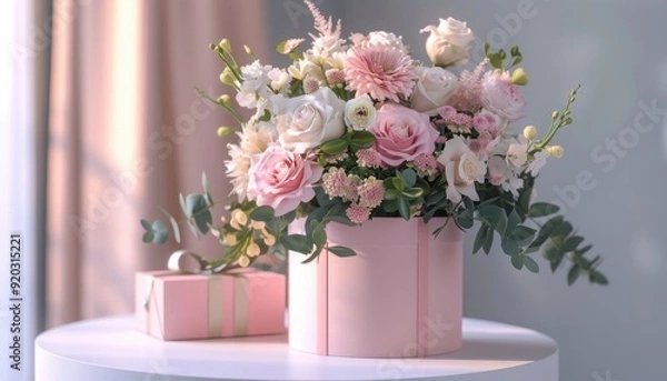 Obraz Elegant pink floral arrangement on a table with a small gift box nearby in soft lighting