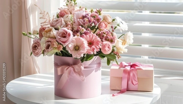 Obraz Beautiful pink floral arrangement in a round box near a gift on a table with sunlight