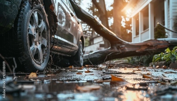 Obraz Tree falls on a parked car during a storm in a suburban neighborhood at sunset