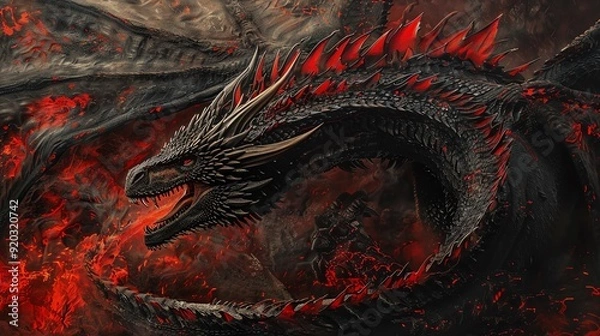 Fototapeta The majestic dragon Drogon, with scales gleaming in black and red, depicted in the intricate style of Renaissance art