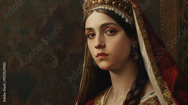 Fototapeta A majestic depiction of Queen Isabella of Castile, rendered with vibrant colors and noble poise in Renaissance art