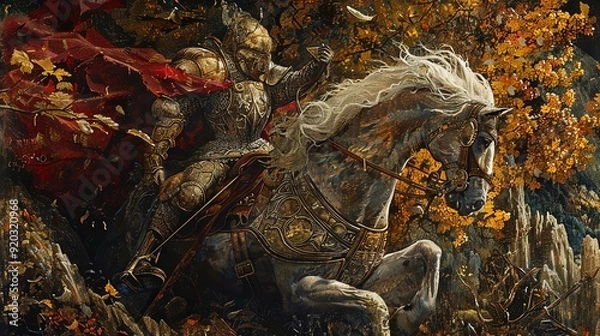 Fototapeta A heroic scene of Sir Bedivere, captured with vivid hues and intricate detail in Renaissance art