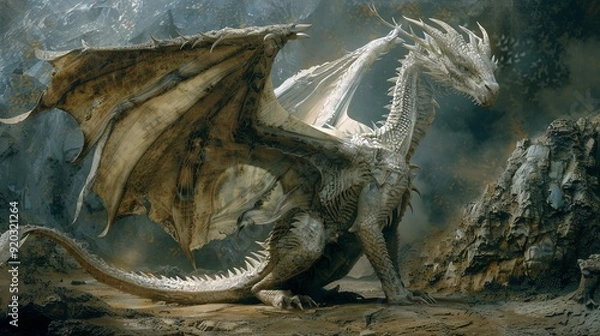 Fototapeta Fafnir, the legendary dragon, portrayed in Renaissance art with elaborate wings and an aura of ancient magic