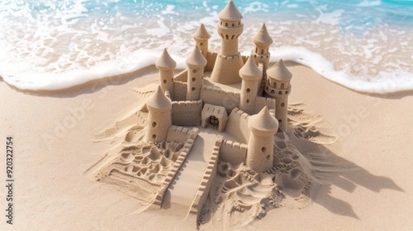 Obraz A majestic sand castle crafted on a sandy beach, surrounded by gentle waves, evoking a sense of summer bliss and creativity.