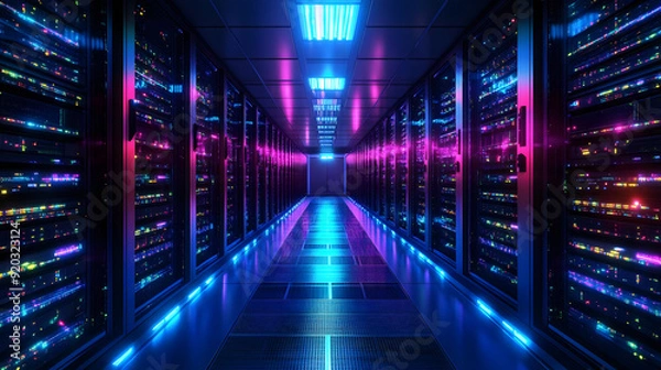 Fototapeta A futuristic data center with illuminated server racks and vibrant lighting.