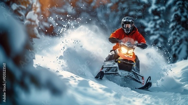 Fototapeta A man is riding a snowmobile in the snow
