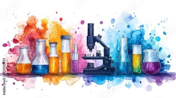 Fototapeta Watercolor illustration of a microscope, beakers, and test tubes against a colorful background.