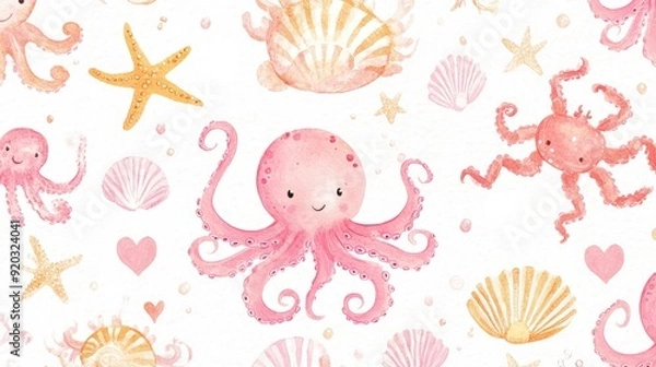 Fototapeta Watercolor illustration of pink octopus with shells and starfish on a white background.