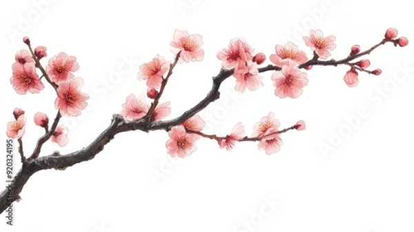 Fototapeta Watercolor painting of a delicate pink cherry blossom branch with soft petals and brown branches isolated on a white background.