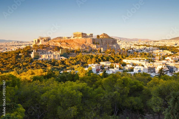 Fototapeta Evening view of Acropolis from Filopappou hill in central Athens.