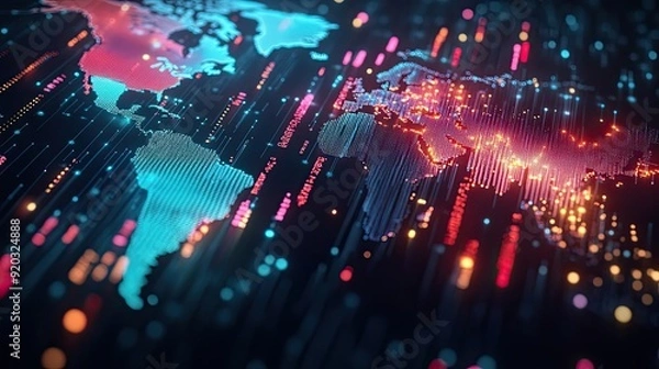Fototapeta Digital World Map with Connecting Lines and Data Streams