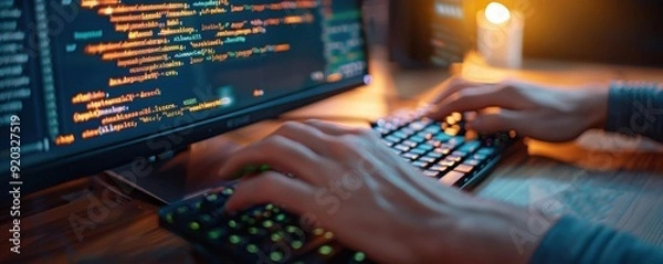 Fototapeta Close-up of hands typing on a keyboard while programming on a computer, with code on the screen and ambient lighting.