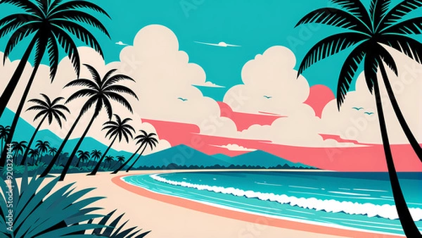 Fototapeta Vector vibrant tropical beach with palm trees Anime clean style Background design