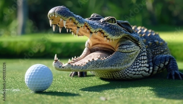 Obraz Alligator lounging on a golf course with a golf ball nearby in bright daylight