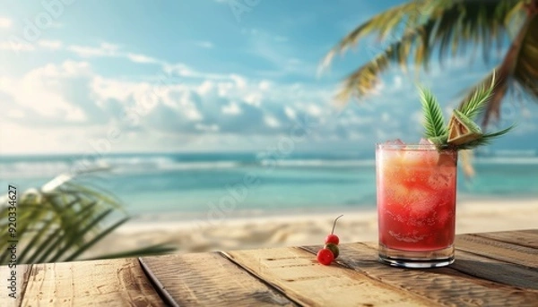 Obraz Tropical cocktail, placed on a wooden table overlooking a vibrant beach, with copy space realistic photo --ar 7:4 Job ID: ee6b1162-343b-4cf5-9973-77199bca32a9