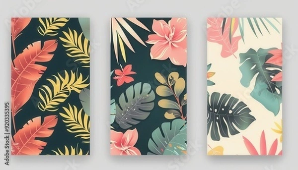 Fototapeta Tropical leaf and flower patterns on textured backgrounds in vibrant colors