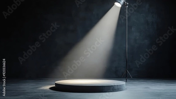 Fototapeta Empty dance stage illuminated by a single spotlight, minimalist composition.
