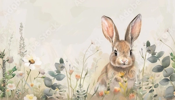 Obraz A curious rabbit among wildflowers in a serene meadow during springtime