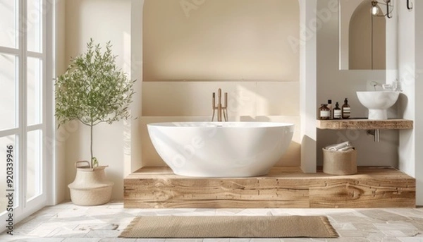 Fototapeta Elegant modern bathroom design with freestanding tub and natural elements