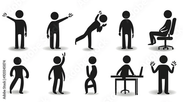 Fototapeta A collection of stick figure illustrations depicting various human postures and activities.