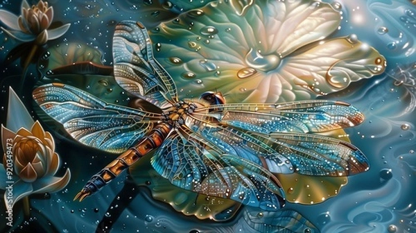 Obraz A whimsical painting of a magical dragonfly hovering over a serene pond, intricately depicted on the surface of glass. 
