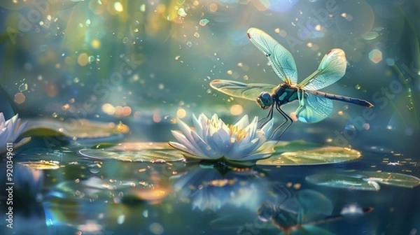 Obraz A whimsical painting of a magical dragonfly hovering over a serene pond, intricately depicted on the surface of glass. 
