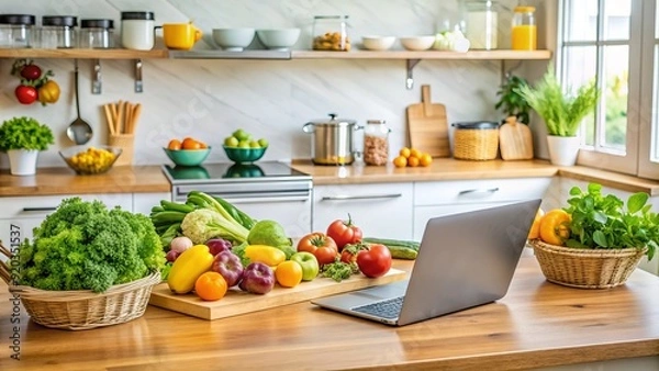 Obraz A colorful and organized kitchen counter displays a variety of whole foods and a laptop, symbolizing a nutrition coach's guidance for a healthy lifestyle.
