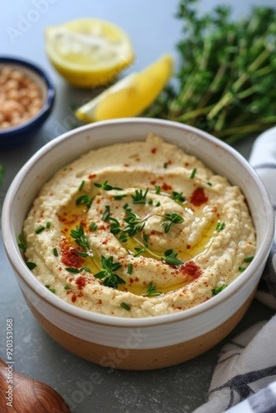 Fototapeta Mediterranean hummus with marinated thyme is a delicious and nutritious dip that highlights the health benefits and vibrant flavors of Mediterranean cuisine.