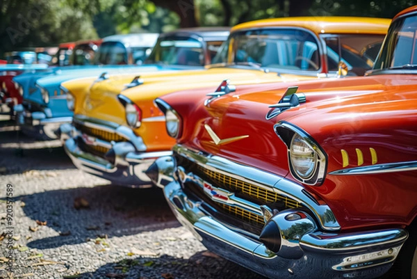Fototapeta A festive display of classic cars in vibrant colors, celebrating automotive heritage outdoors, showcasing timeless beauty under the sunny skies