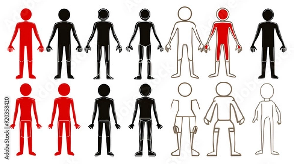 Fototapeta A collection of stylized human figures in various colors and poses for graphic design use.