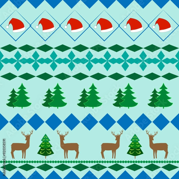 Fototapeta Colorful deer and trees on blue pattern