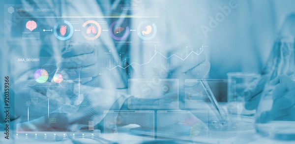 Fototapeta Medical worker with test tube doing research and development for medical experimental results and analysis in laboratory.Innovation technology in medicine and science develop quality of healthcare