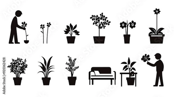Fototapeta Siluet berbagai tanaman dan aktivitas berkebun.