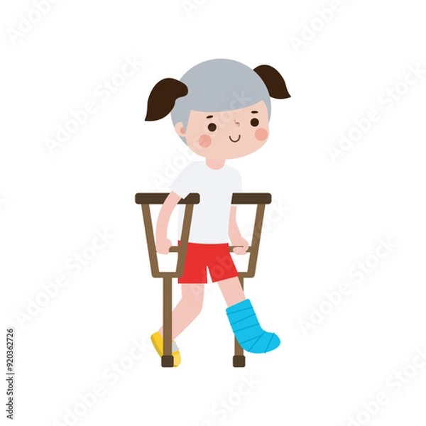 Fototapeta thai kid injured with broken leg in gypsum. little children standing on crutches, cartoon teen disabled character broken leg in plaster. isolated on white background Vector illustration