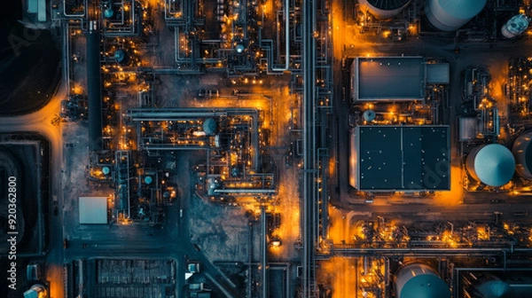 Fototapeta Aerial view of a sprawling industrial complex at dusk