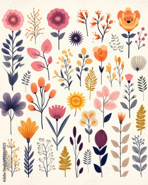 Fototapeta A vibrant collection of floral illustrations featuring diverse flowers and leaves in unique styles and colors.