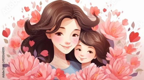 Fototapeta Mothers Day card illustration, isolate, white background, flat design, front view, heartfelt theme, cartoon drawing, colored pastel.