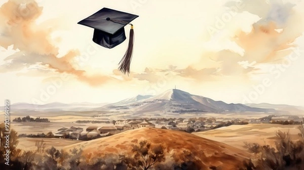 Fototapeta A whimsical graduation cap floats above tranquil hills, symbolizing achievement and dreams in a serene landscape.