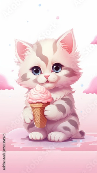 Fototapeta Adorable kitten with ice cream cone, perfect for cute and whimsical themes. Ideal for children's content and animal lovers.