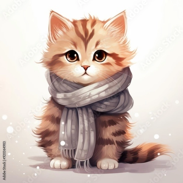 Fototapeta Adorable kitten wearing a cozy scarf, perfect for capturing warmth and cuteness in any festive or heartwarming theme.