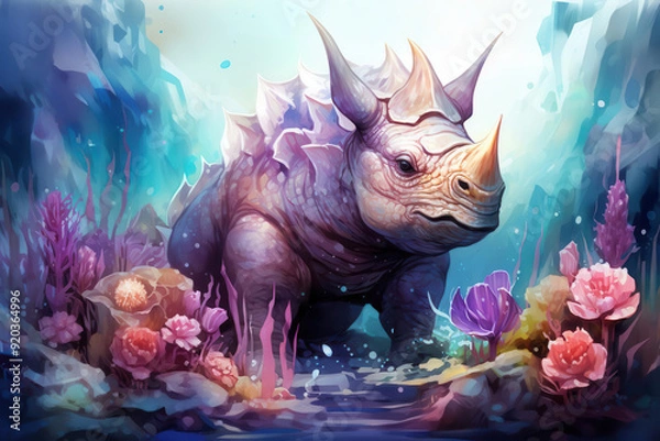 Fototapeta A whimsical underwater scene featuring a vibrant Triceratops surrounded by colorful coral and aquatic plants.