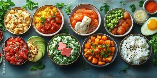 Obraz Nutritious Dishes in a Clean Layout, generative ai