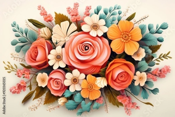 Fototapeta Flower bouquet illustration, isolate, white background, flat design, top view, garden theme, animation, vivid.