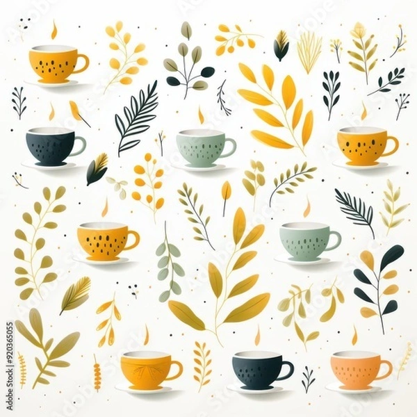 Fototapeta Abstract tea pattern illustration, isolate, white background, flat design, top view, modern theme, cartoon drawing, Split-complementary color scheme.