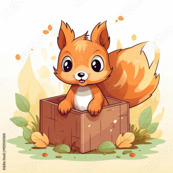 Fototapeta Cute cartoon squirrel sitting in a wooden box, surrounded by autumn leaves and cheerful colors, perfect for children's projects.