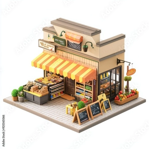 Fototapeta 3D Render of a cozy neighborhood grocery store with a quaint exterior and welcoming atmosphere